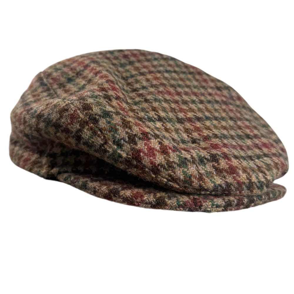 VTG Lands End Harris Tweed Wool Flat Cap Mens Medium Brown Plaid Newsboy Ivy Hat